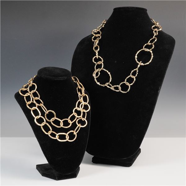 2pc Gold Tone Hammered Link Chain Necklace Set