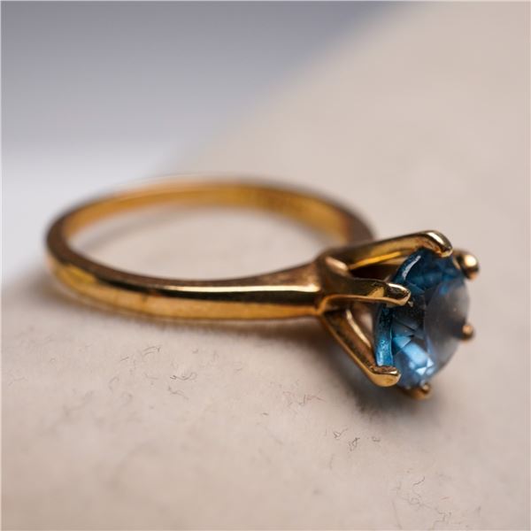 10K Gold Solitaire Ring with Blue Topaz, Marked SABRINAS