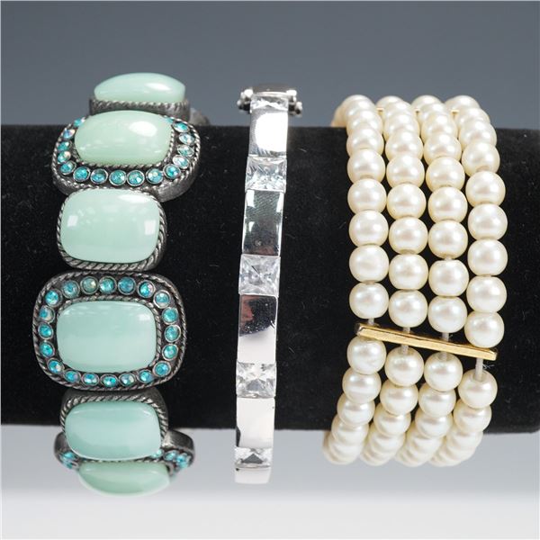 3pc Mixed Material Fashion Bracelets with Rhinestones and Faux Pearls