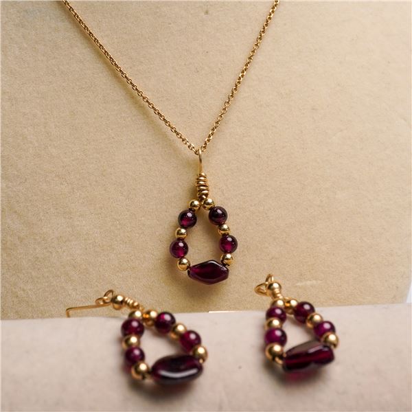 3pc Garnet Bead Jewelry Set, 14K Chain Necklace & Earrings