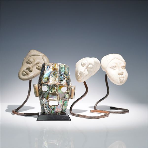 4pc Ethnic & Folk Art: J.R. LaRate Carved Stone Heads & Mosaic Death Mask