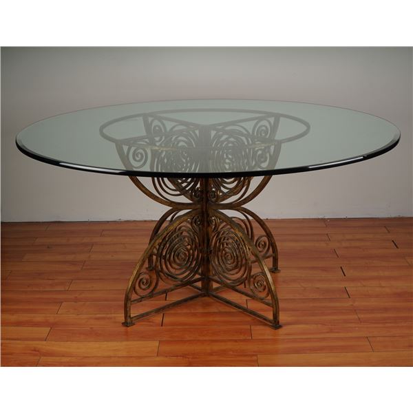 Mediterranean Style Glass Top Dining Table with Gilded Iron Scrollwork Base
