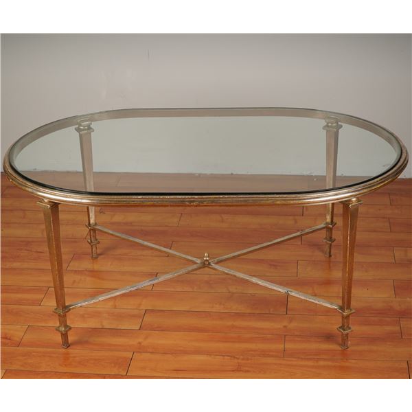 Hollywood Regency Style Oval Glass Cocktail Table w/ Gilt Iron Base