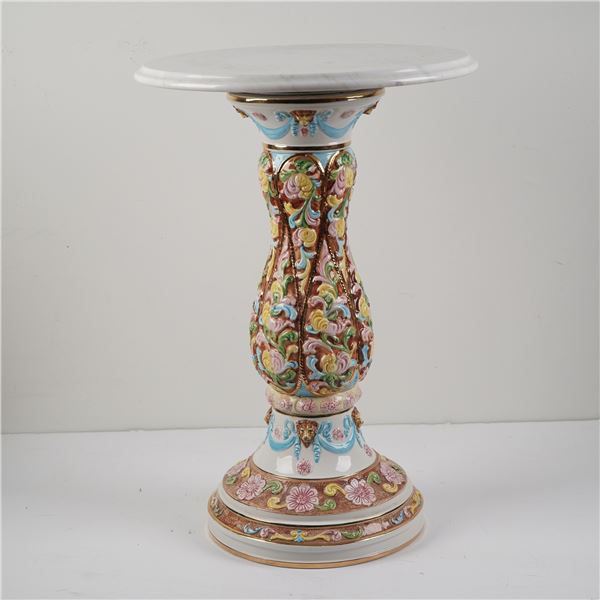 Italian Hand-Painted Ceramic Pedestal Table w/ White Marble Top
