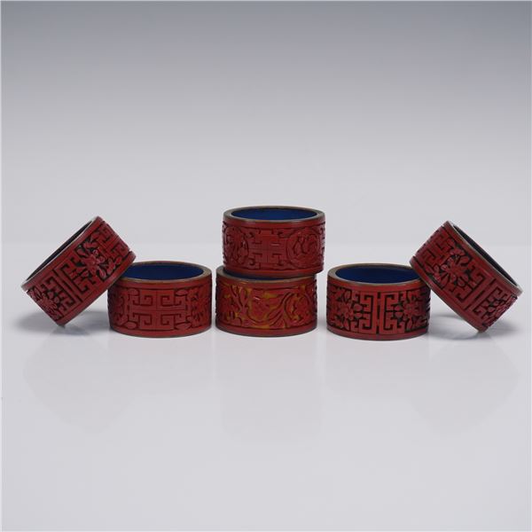 6pc Chinese Cinnabar Lacquer Napkin Rings, Floral & Geometric Motifs