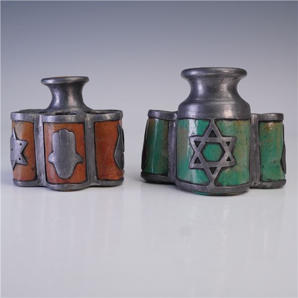 2pc Modernist Judaica Vessels Featuring Star of David, Hamsa & Flame Motifs