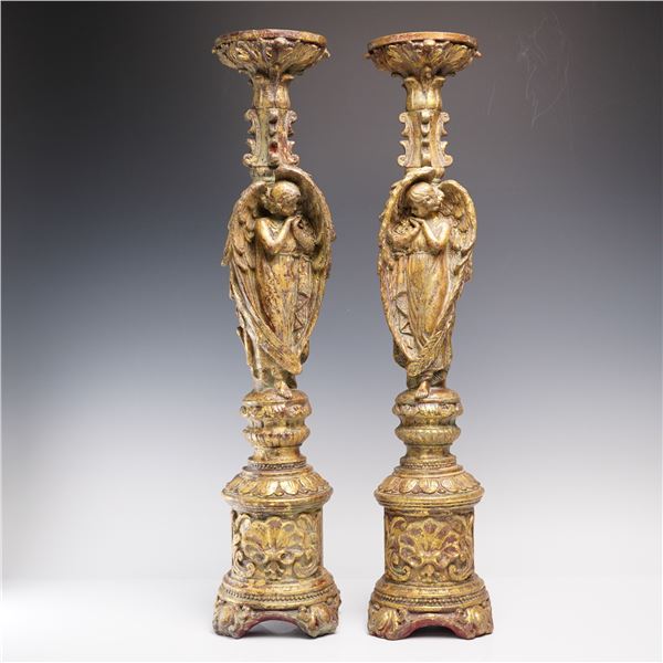 Pair of Large Gilded Angel Motif Candlestick Holders