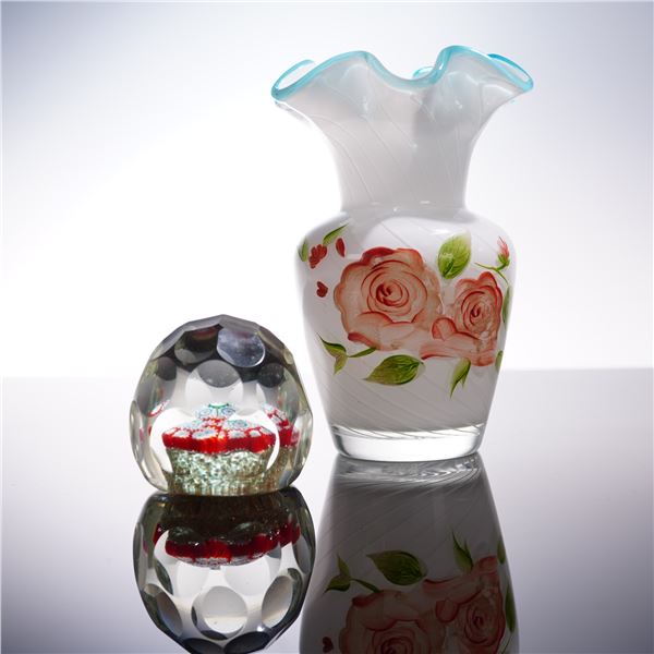 2pc Art Glass Items, Millefiori Paperweight & Hand-Painted Floral Vase