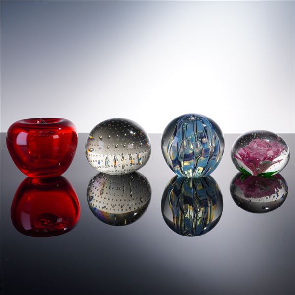 4pc Art Glass Paperweights, Including Delmotto Swirl & Apple