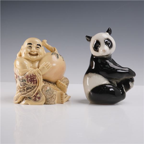 2pc Ceramic Panda and Laughing Buddha Figurines