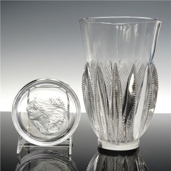 3pc Lalique Crystal Vase, Gerardmer + Etched Glass Dishes