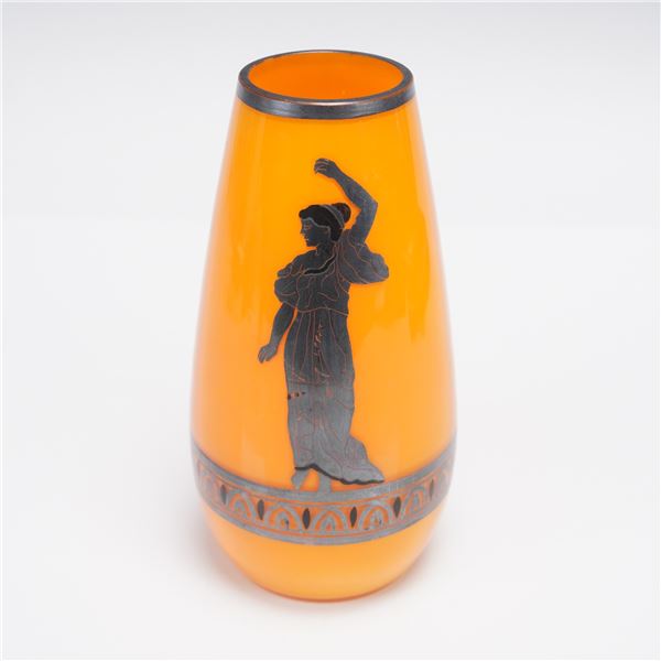 Czech Art Deco Orange Glass Vase with Classical Silver Overlay