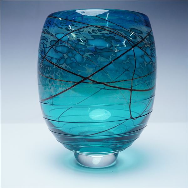 Turquoise Art Glass Vase with Black Threading, Artist Signed