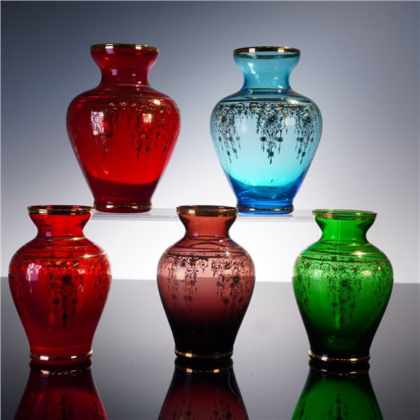 5pc Bohemian-Style Enameled Art Glass Vases in Jewel Tones