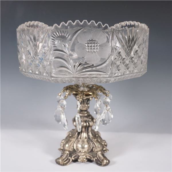 Crystal Glass Compote with Saw Tooth Edges Frosted Flowers Brass Pedestal
