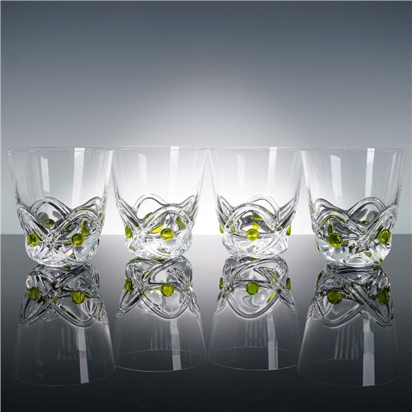 4pc Lalique Art Deco Crystal Floride Arch Tumblers with Green Dots