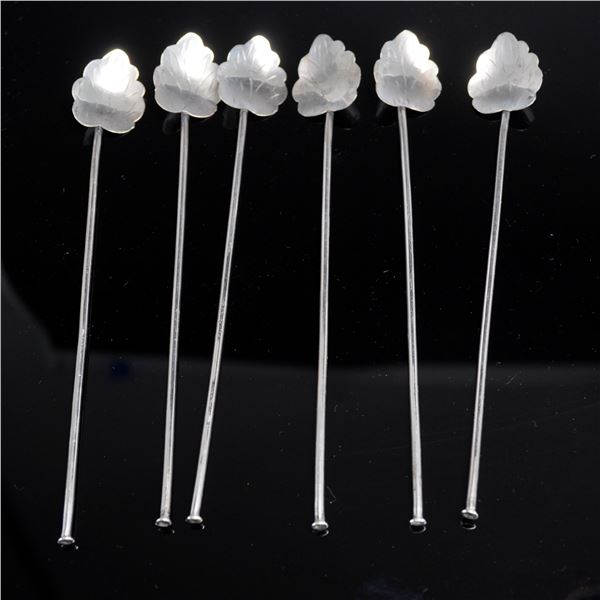 6pc Sterling Silver Leaf-Top Drink Stirrers, RM Mexico