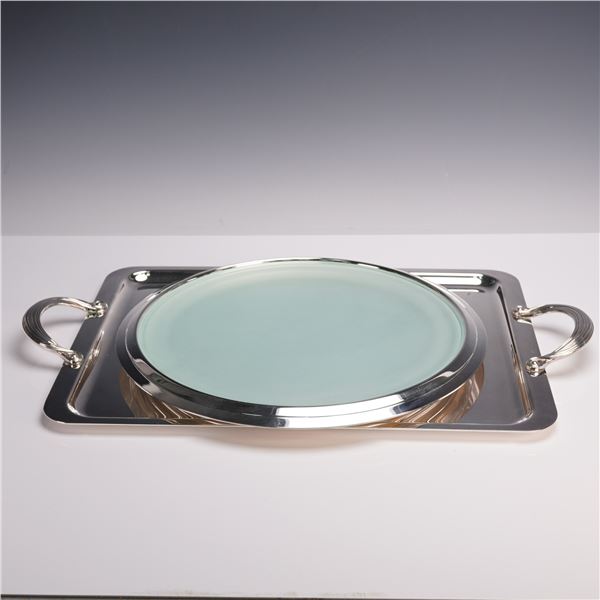 2pc Christofle Silverplate Serving Trays, Rectangular and Round