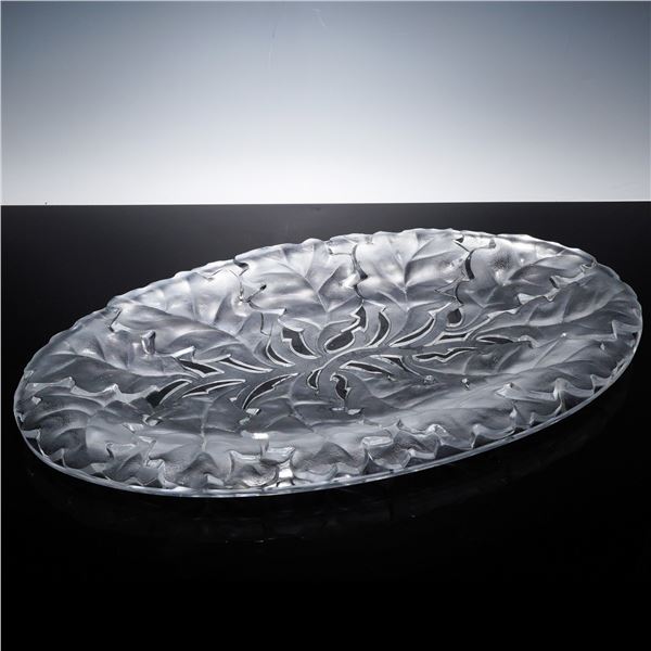 Lalique Crystal Platter, Chene Oak Leaf Pattern