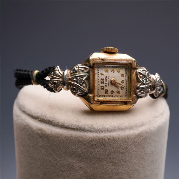 Vintage Gruen Veri-Thin Ladies Watch, 10K Gold-Filled, Diamond Accents