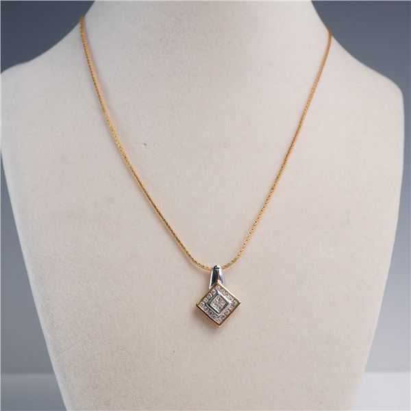 10K Gold Diamond Pendant Necklace, Italian Chain & Geometric Setting