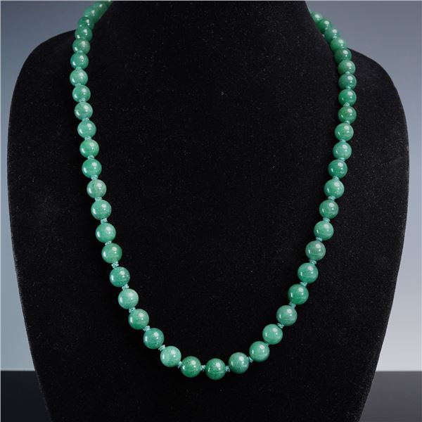Green Aventurine Bead Necklace, Hand-Knotted with Silver Clasp