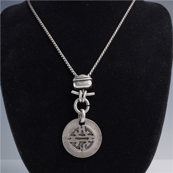 Long Chain Necklace with Cutout Medallion Pendant and Toggle Detail
