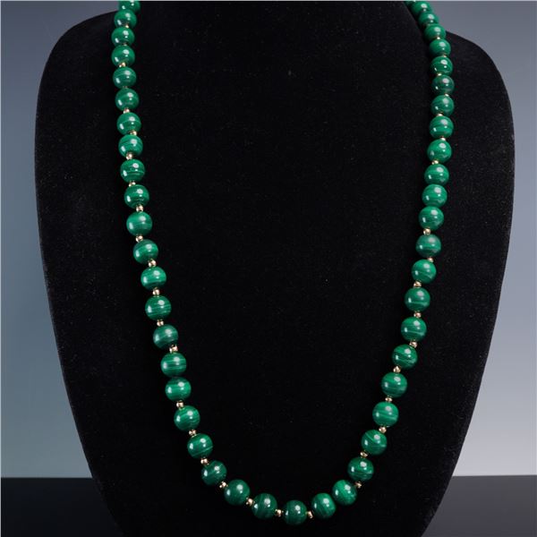 Polished Malachite Bead Necklace with Gold-Tone Spacers