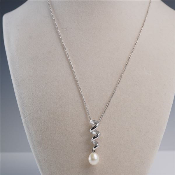 Sterling Silver Spiral Pendant with Pearl Drop, on Italian Chain