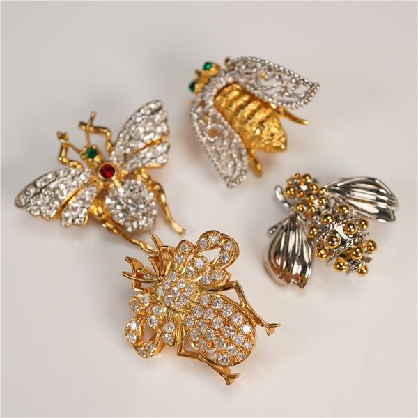 4pc Rhinestone Flying Insect Brooch Set, Mixed Metals