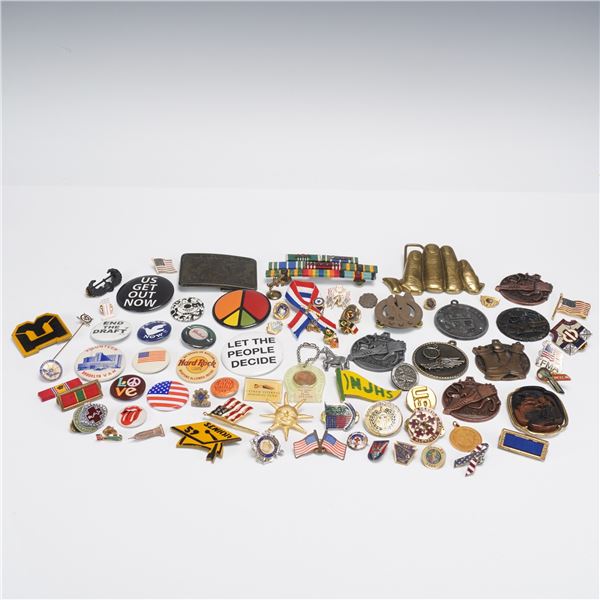65pc Mixed Lot of Pins, Buttons & Buckles, Patriotic & Novelty