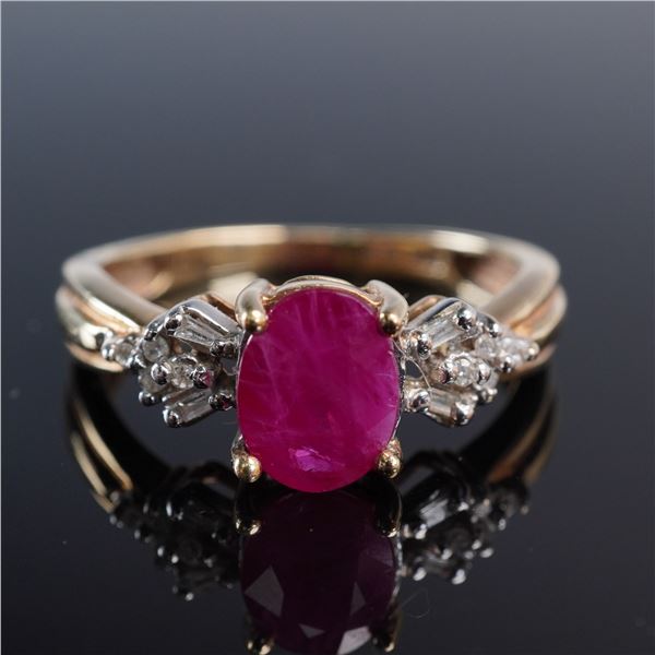 10K Gold Ruby Ring with Baguette and Round Diamond Accents, Marked FTH