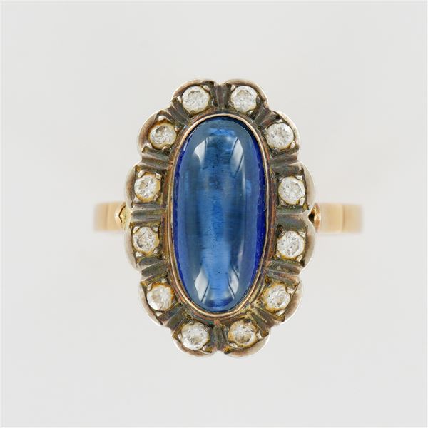 14k Gold Ring with Cabochon Sapphire and Diamond Halo