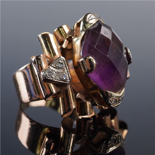 18K Gold Retro Ring with Faceted Amethyst and Diamond Accents
