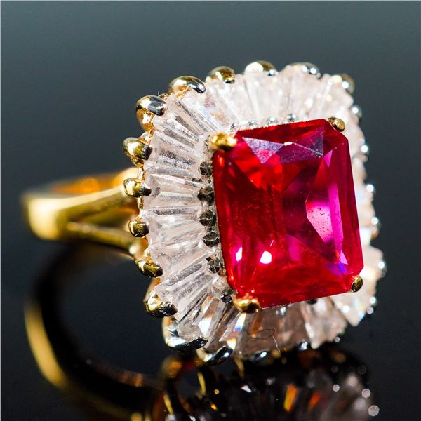 Woman's 24K Gold Plated Lab Grown Ruby and CZ Ring