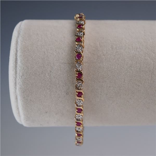 10K Gold Ruby & Diamond Tennis Bracelet, Alternating Design