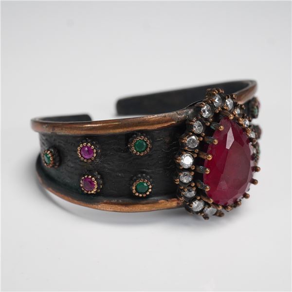 Vintage Style Cuff Bracelet with Faux Ruby and Crystal Accents