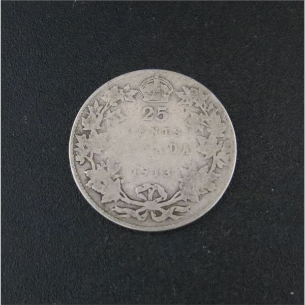 1913 Canadian Silver 25 Cent Coin