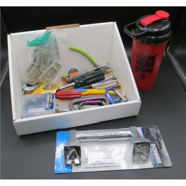 Mixed Estate Lot New Toliet Paper Holder New Popeye's Supplement Mixer, Lock, Screw Drivers & More