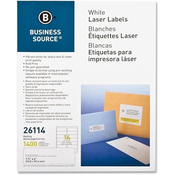 Business Source White 1 1/3" x 4" Laser Mailing Labels - Pack of 1400