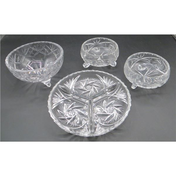 4 Pieces Of Crystal Dishes 3 Footed & 1 Divided Dish