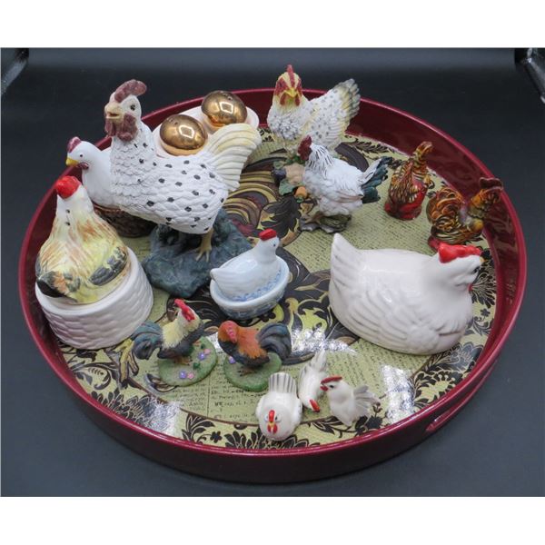 13" Diameter Rooster Serving Tray With Rooster & Chicken Collectibles & S&P Shakers