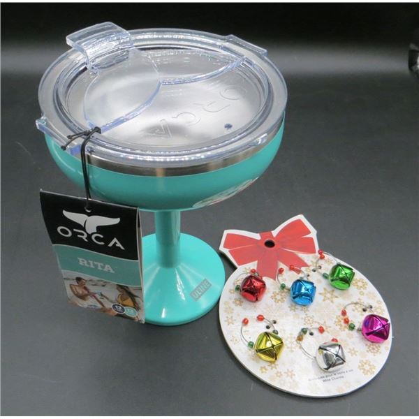 New Orca 13 Ounce Stinless Steel Insulated Cup With Lid & 6 New Wine Charms