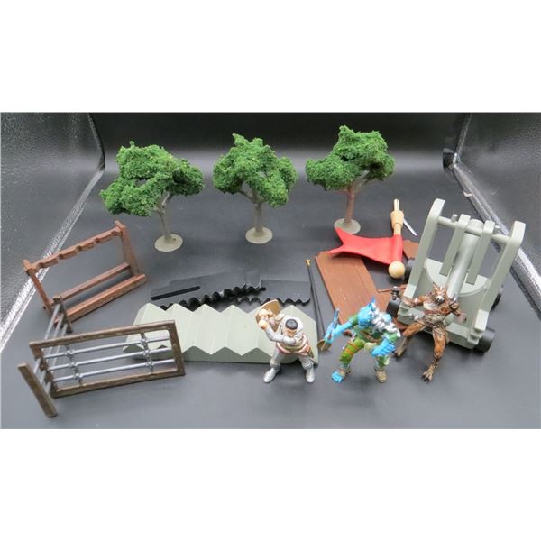 Lot Of Roll Playing Action Figures, Trees, Weapons & Fencing