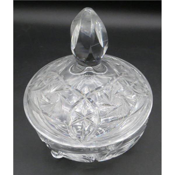 Vintage Round Cut Lead Crystal 3 Footed Lidded Candy Dish 5.5" Diameter & 7" Tall