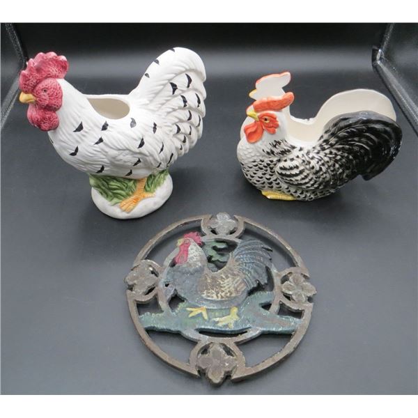 Kitchen Rooster Collection Napkin Holder, Cast Iron Trivet & Utensil Holder