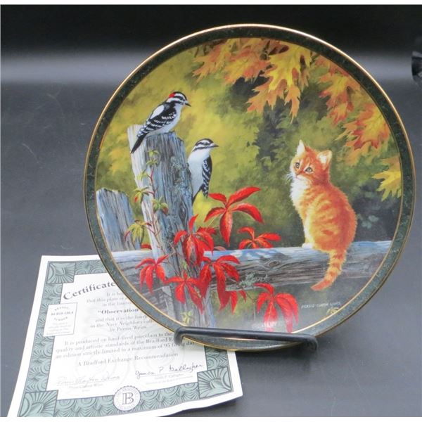 Bradford Exchange "Observation Deck" Nosy Neighbor's 8" Diameter Collector Plate Cats/Birds W/COA