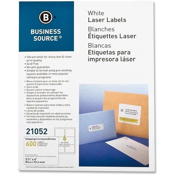 New Sealed Business Source 3 1/3" x 4" White Laser Shipping Labels - Pack of 600