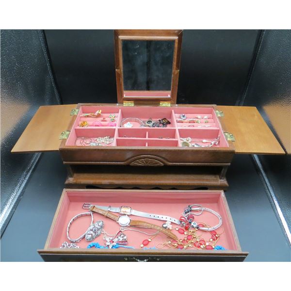 Estate Wooden Jewelry Box 14 Inches Long With Contents