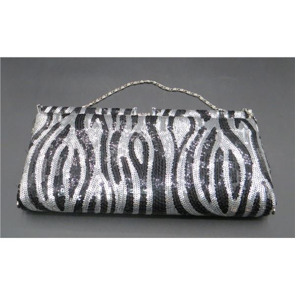 Costa Blanca Clutch Bag Evening Purse Silver & Black Sequence